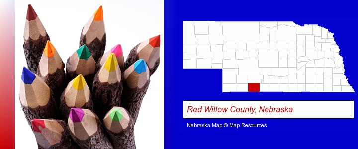 colored pencils; Red Willow County, Nebraska highlighted in red on a map