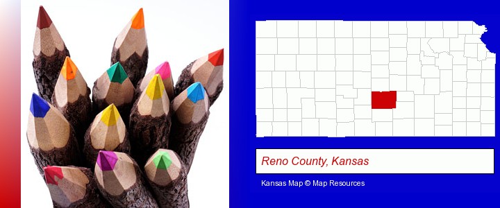 colored pencils; Reno County, Kansas highlighted in red on a map