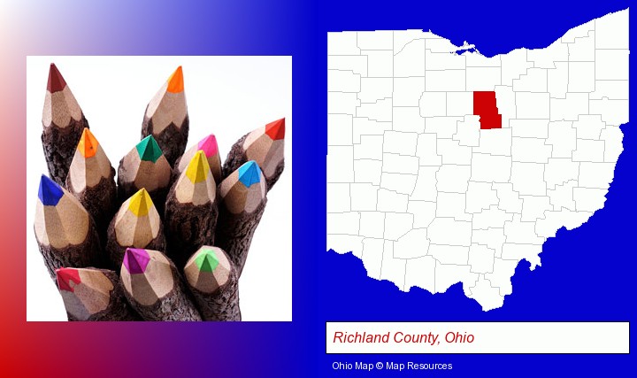 colored pencils; Richland County, Ohio highlighted in red on a map