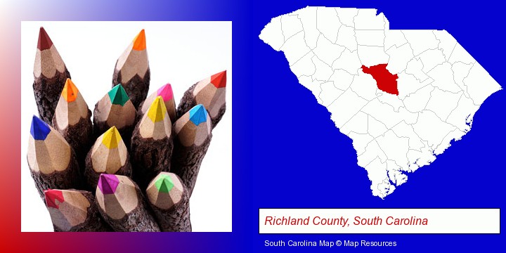 colored pencils; Richland County, South Carolina highlighted in red on a map