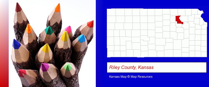 colored pencils; Riley County, Kansas highlighted in red on a map