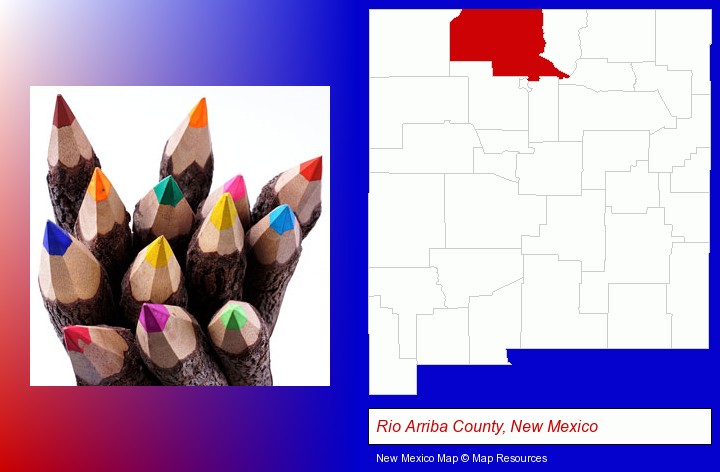 colored pencils; Rio Arriba County, New Mexico highlighted in red on a map
