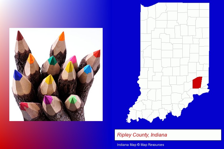colored pencils; Ripley County, Indiana highlighted in red on a map