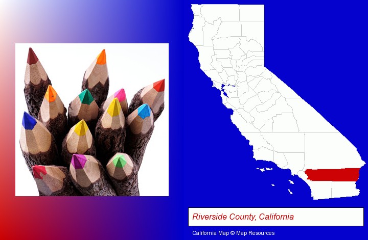 colored pencils; Riverside County, California highlighted in red on a map