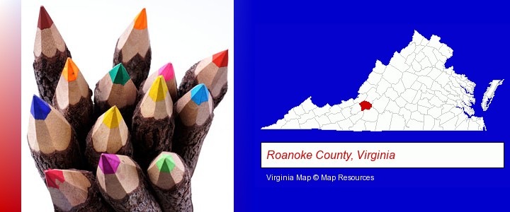 colored pencils; Roanoke County, Virginia highlighted in red on a map