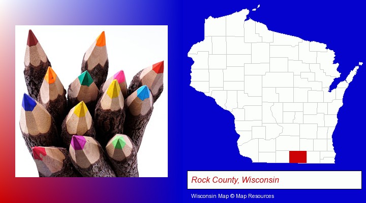 colored pencils; Rock County, Wisconsin highlighted in red on a map