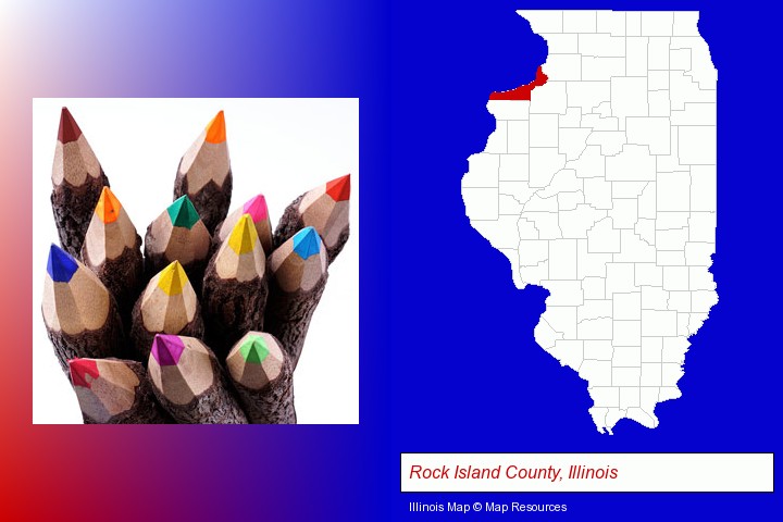colored pencils; Rock Island County, Illinois highlighted in red on a map