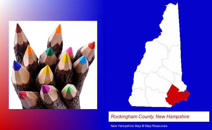 colored pencils; Rockingham County, New Hampshire highlighted in red on a map