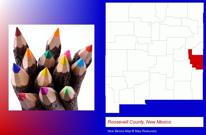 colored pencils; Roosevelt County, New Mexico highlighted in red on a map