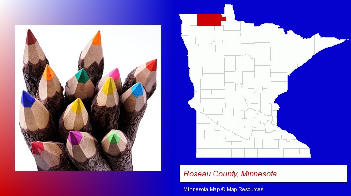 colored pencils; Roseau County, Minnesota highlighted in red on a map