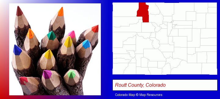 colored pencils; Routt County, Colorado highlighted in red on a map