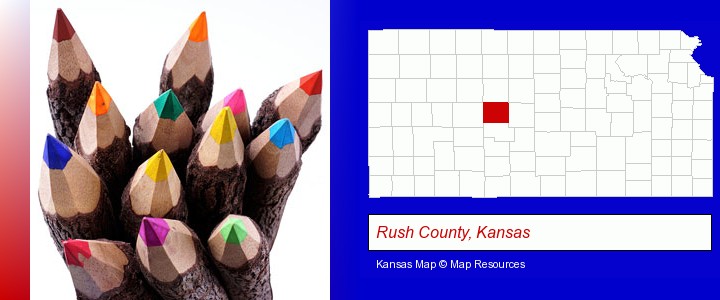 colored pencils; Rush County, Kansas highlighted in red on a map