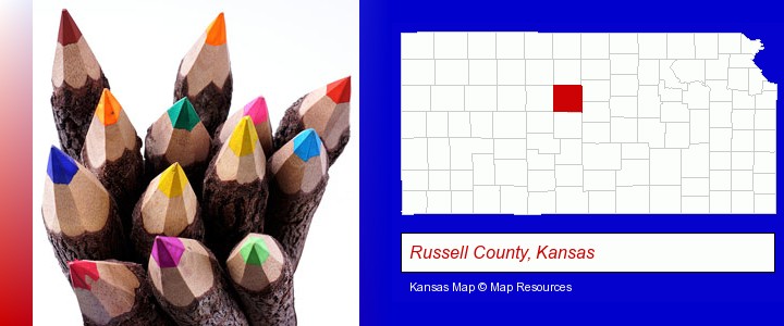 colored pencils; Russell County, Kansas highlighted in red on a map