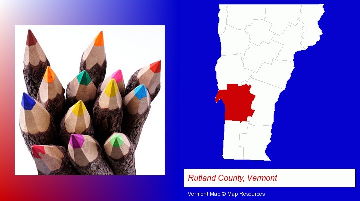 colored pencils; Rutland County, Vermont highlighted in red on a map