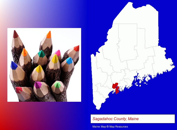 colored pencils; Sagadahoc County, Maine highlighted in red on a map