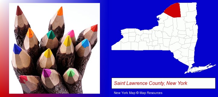 colored pencils; Saint Lawrence County, New York highlighted in red on a map