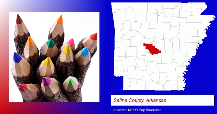 colored pencils; Saline County, Arkansas highlighted in red on a map