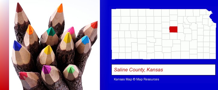 colored pencils; Saline County, Kansas highlighted in red on a map