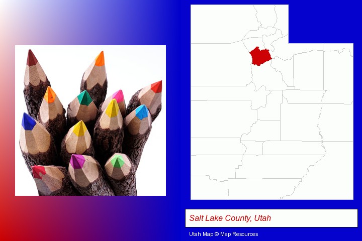 colored pencils; Salt Lake County, Utah highlighted in red on a map