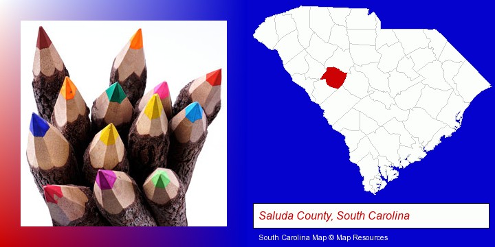 colored pencils; Saluda County, South Carolina highlighted in red on a map