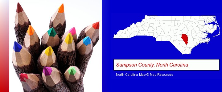 colored pencils; Sampson County, North Carolina highlighted in red on a map