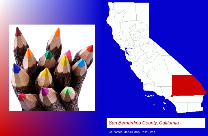 colored pencils; San Bernardino County, California highlighted in red on a map