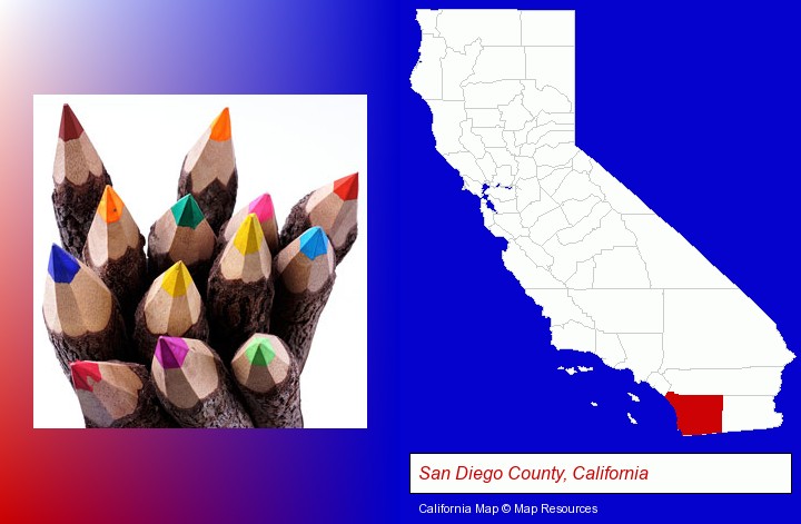colored pencils; San Diego County, California highlighted in red on a map
