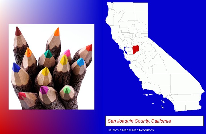 colored pencils; San Joaquin County, California highlighted in red on a map