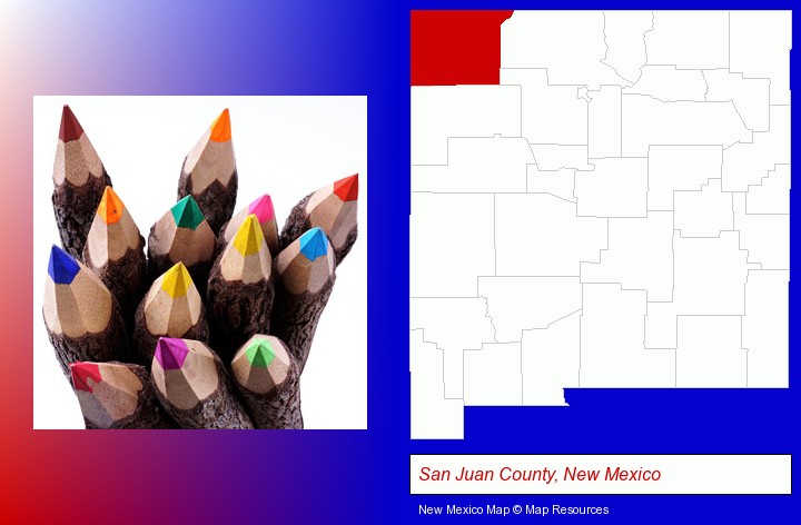 colored pencils; San Juan County, New Mexico highlighted in red on a map