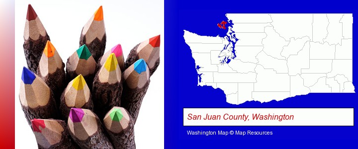 colored pencils; San Juan County, Washington highlighted in red on a map
