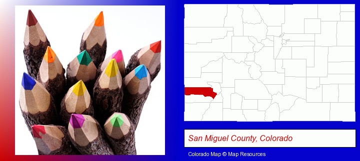 colored pencils; San Miguel County, Colorado highlighted in red on a map