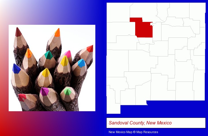 colored pencils; Sandoval County, New Mexico highlighted in red on a map