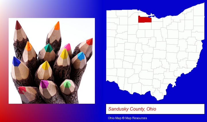 colored pencils; Sandusky County, Ohio highlighted in red on a map