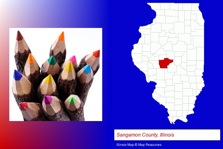 colored pencils; Sangamon County, Illinois highlighted in red on a map