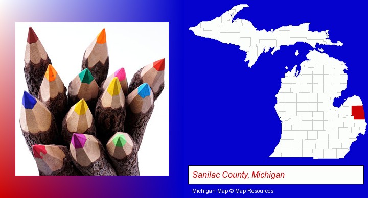 colored pencils; Sanilac County, Michigan highlighted in red on a map