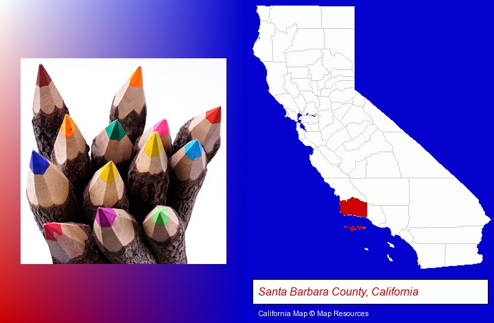 colored pencils; Santa Barbara County, California highlighted in red on a map