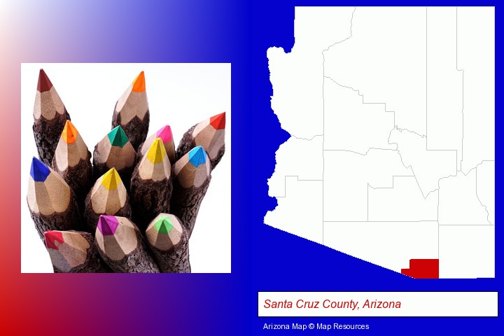colored pencils; Santa Cruz County, Arizona highlighted in red on a map