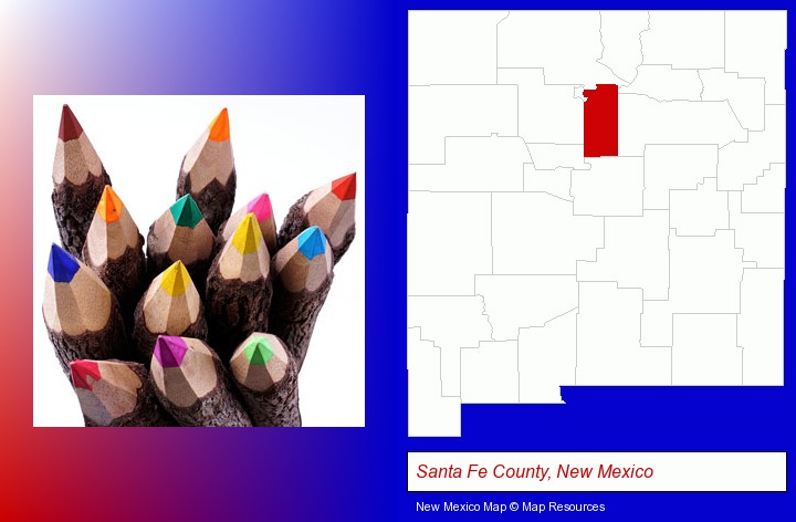 colored pencils; Santa Fe County, New Mexico highlighted in red on a map
