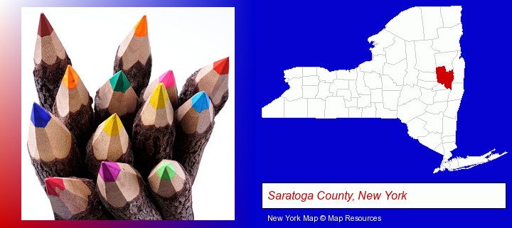 colored pencils; Saratoga County, New York highlighted in red on a map