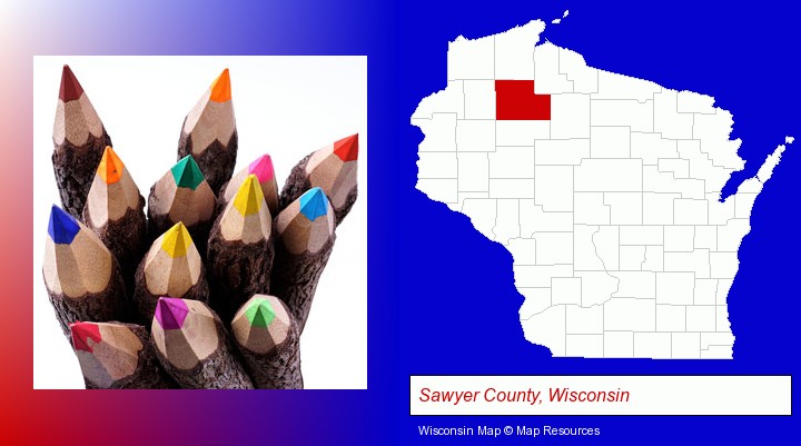 colored pencils; Sawyer County, Wisconsin highlighted in red on a map