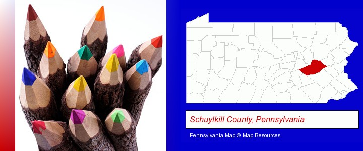 colored pencils; Schuylkill County, Pennsylvania highlighted in red on a map