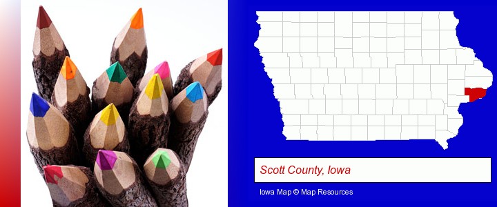 colored pencils; Scott County, Iowa highlighted in red on a map