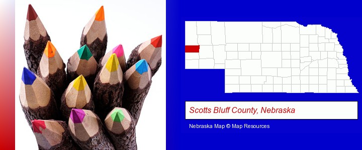 colored pencils; Scotts Bluff County, Nebraska highlighted in red on a map