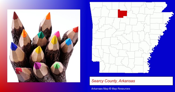 colored pencils; Searcy County, Arkansas highlighted in red on a map