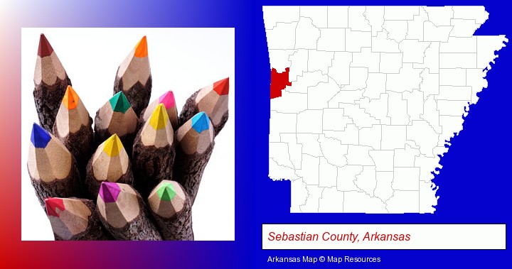 colored pencils; Sebastian County, Arkansas highlighted in red on a map