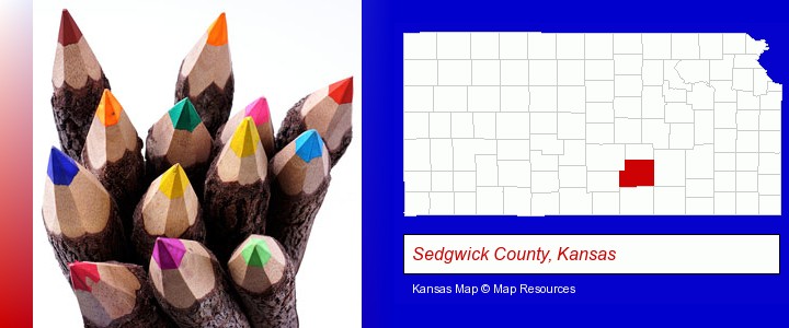 colored pencils; Sedgwick County, Kansas highlighted in red on a map