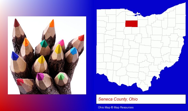 colored pencils; Seneca County, Ohio highlighted in red on a map