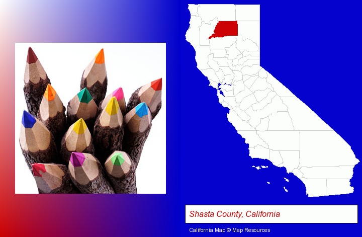colored pencils; Shasta County, California highlighted in red on a map