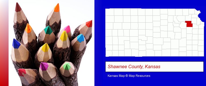 colored pencils; Shawnee County, Kansas highlighted in red on a map