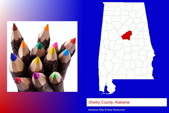 colored pencils; Shelby County, Alabama highlighted in red on a map